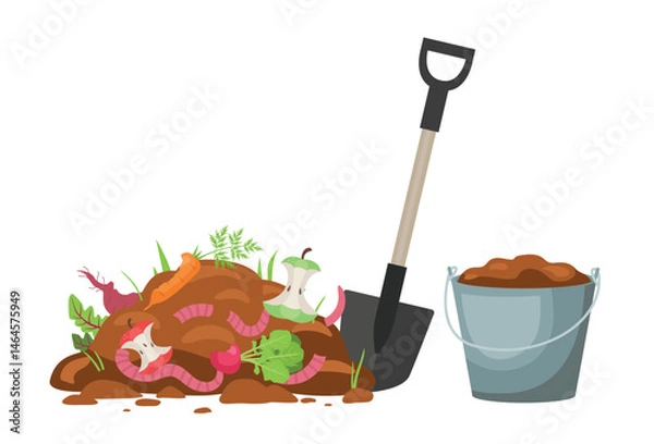 Fototapeta Compost pile with a shovel and a bucket of humus. Soil with humus. Vector cartoon clipart isolated on white background.