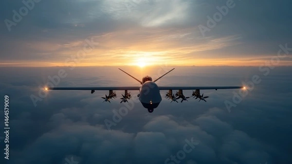Fototapeta An impressive aerial view of a drone soaring through the clouds as the sun sets, showcasing technology and the beauty of nature combined in harmony.
