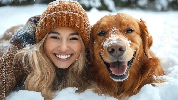 Fototapeta Portrait of a young girl and her dog best friend after playing in the snow 
