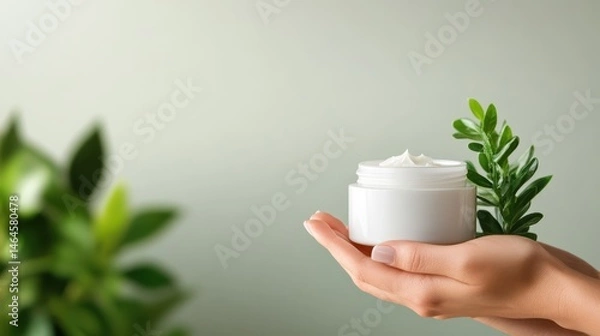 Fototapeta A beautifully crafted hand holding a jar of moisturizing skincare cream, accompanied by a fresh green leaf, symbolizing nature and beauty in skincare.