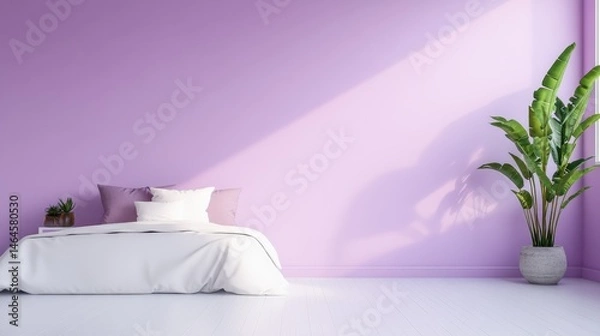 Fototapeta A tranquil lavender bedroom featuring a large bed, soft cushions, and a vibrant green plant, perfectly capturing a soothing and modern interior design aesthetic.