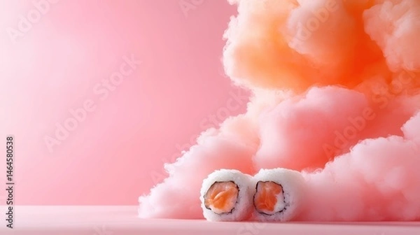 Fototapeta This surreal image features sushi rolls with salmon filling, delicately placed in front of a fluffy cotton candy cloud against a soft pink background, evoking whimsy and delight.