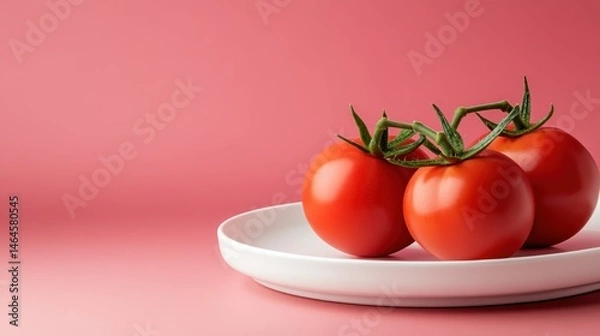 Fototapeta This vibrant image features three fresh tomatoes resting on a white plate against a soft pink background, showcasing their rich color and texture in a minimalist setting.