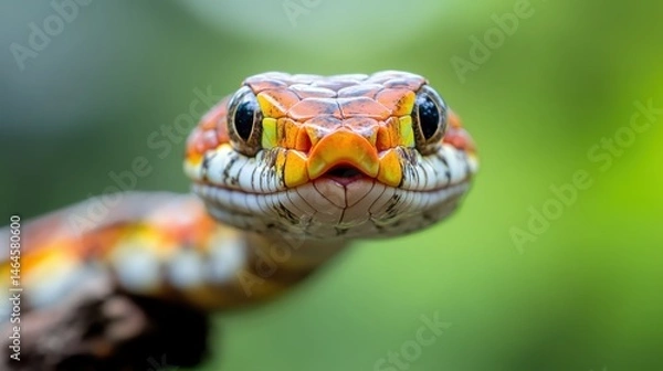 Fototapeta A vibrant close-up of a snake's head showcases its detailed patterns and striking colors, capturing the beauty and intricacies of this fascinating reptile in stunning detail.