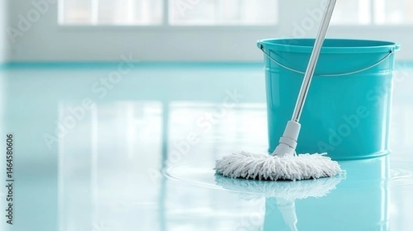 Fototapeta An image depicting a mop cleaning the floor in a bright room, complete with a turquoise bucket, symbolizing cleanliness and order in a modern living space.