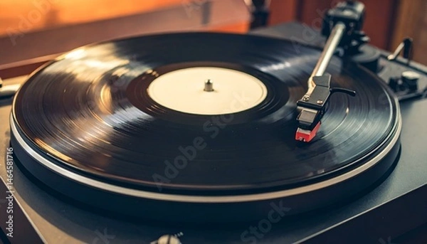 Obraz Close-up of a vinyl record spinning on a turntable.  The needle is visible, capturing the moment of music playback.