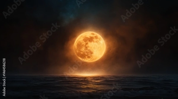 Fototapeta A stunning image of a bright full moon casting its glow over ocean waves creates a mesmerizing and serene atmosphere, celebrating the beauty and mystery of night.