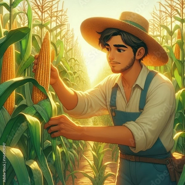 Fototapeta A hardworking farmer, depicted with warm and expressive features, tending to rows of tall corn plants in a sun-drenched field.