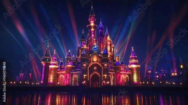 Fototapeta Illuminated fairytale castle at night with spotlights.