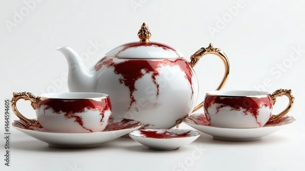 Fototapeta An elegant teapot set adorned with red marble patterns and golden accents, perfectly arranged to showcase sophistication and luxury for tea enthusiasts and fine dining.