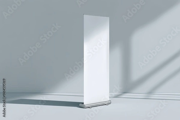 Fototapeta Blank retractable banner stand in a light-filled room.  Empty roll-up graphic display on a light gray floor. Soft shadows cast on the wall