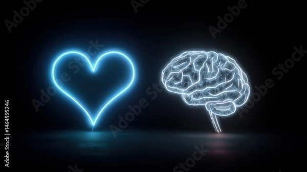Obraz Neon heart and digital brain floating in a dark void, modern concept of emotion vs logic 