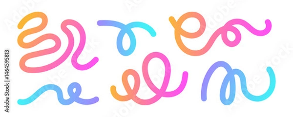 Obraz Collection of colorful squiggle lines with smooth rainbow gradients on a white background. Abstract curved doodle fluid lines in neon colors.