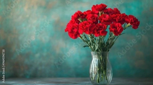 Fototapeta Elegant bouquet of vibrant red roses arranged in a clear glass vase on a textured green background with soft lighting and natural shadows