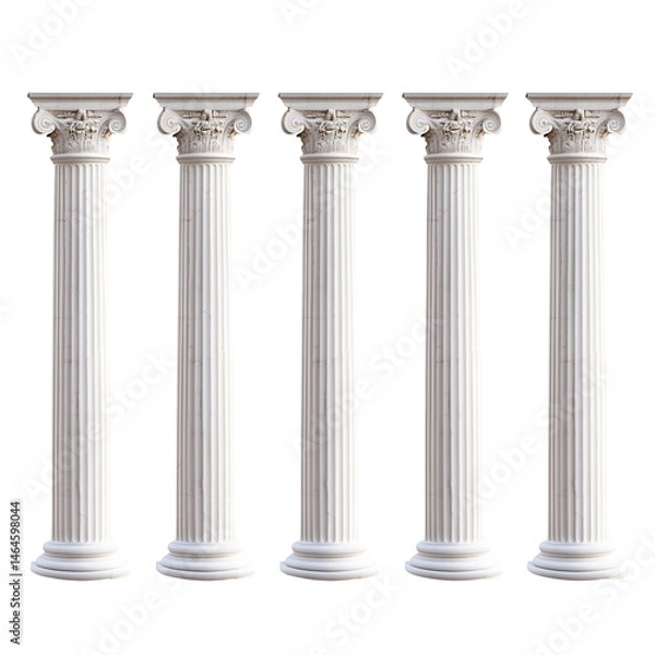 Fototapeta A set of six pristine marble columns, embodying the grandeur of ancient Greece, isolated on a clean white background (4)