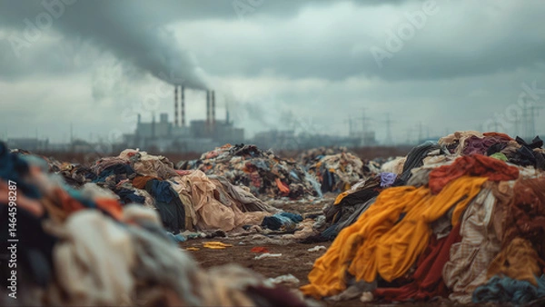 Fototapeta Vast landfill overflows with industrial waste, severity of pollution on our environment and environmental problems. Stark pollution underscores urgent need for sustainable waste management