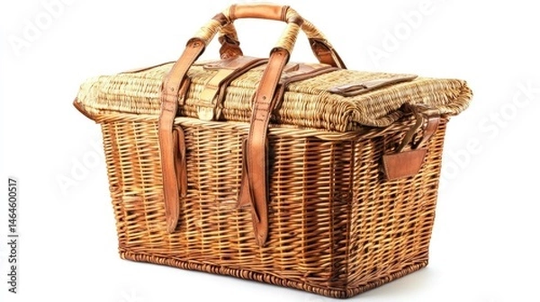 Fototapeta Colonial wicker picnic basket isolated on white background. 