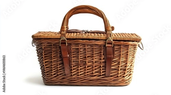 Fototapeta Colonial wicker picnic basket isolated on white background. 