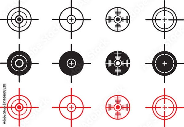 Fototapeta Target Vector Icon Set with Solid Black and Red Outline, Bullseye Aim Symbols Collection