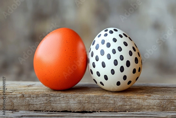 Fototapeta Two eggs, one red and one white with black spots, stand on a wooden surface. Concept of color contrast and patterns. For decoration idea photo.