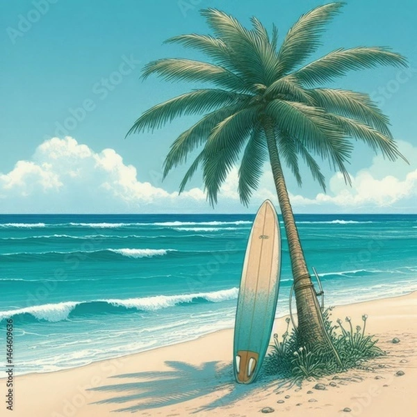Fototapeta A weathered surfboard leaning against a tall, gently swaying palm tree on a pristine sandy beach