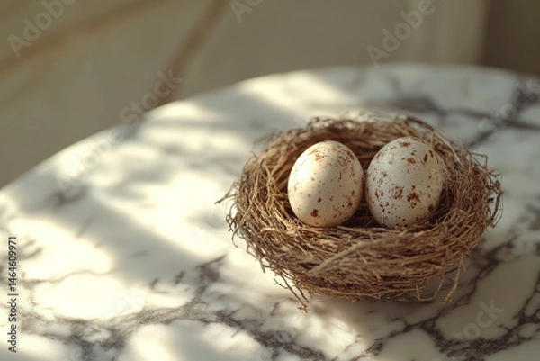 Fototapeta Two speckled eggs rest in a bird's nest on a marble surface. Concept of nature and tranquility. For nature-themed decor.