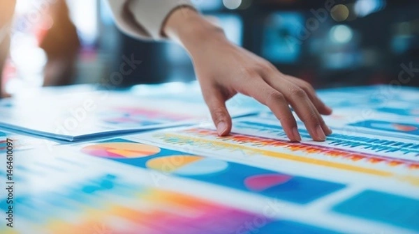 Obraz Close-up of a person's hand reviewing colorful charts and graphs.