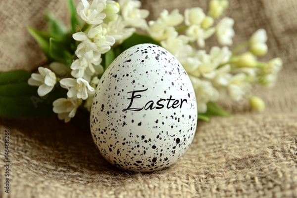 Fototapeta Egg with "Easter" text, speckled black and white, near white flowers on fabric. Concept of spring and celebration. For greeting card design or seasonal decoration.