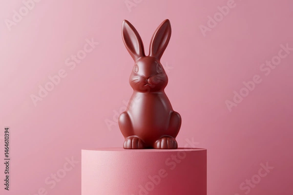 Fototapeta A chocolate rabbit sits on a pink cylindrical pedestal against a matching background. Concept of simplicity and minimalism. For Easter decoration ideas.