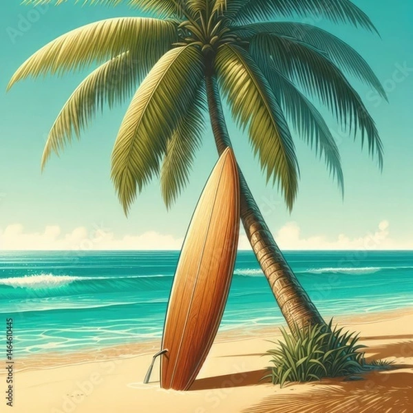 Fototapeta A weathered surfboard leaning against a tall, gently swaying palm tree on a pristine sandy beach