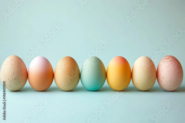 Fototapeta Seven pastel-colored eggs are lined up against a light blue background. Concept of simplicity and uniformity in design. For festive decoration photo.