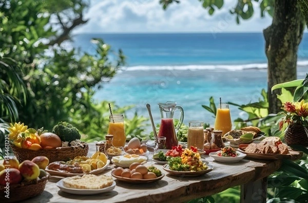 Fototapeta During summer vacations, tables are set with luxurious food and juices in a beautiful setting by the sea. The idea is to spend the vacation in a beautiful setting and represent a romantic atmosphere.