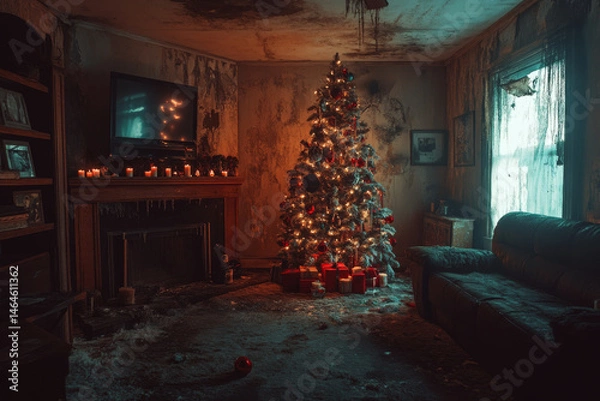 Fototapeta Christmas tree lights up a dim, worn-out living room with presents beneath. Concept of contrasting holiday cheer with decay. For holiday paradox imagery