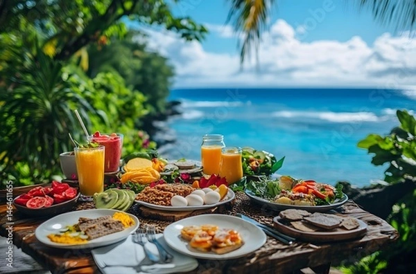 Fototapeta During summer vacations, tables are set with luxurious food and juices in a beautiful setting by the sea. The idea is to spend the vacation in a beautiful setting and represent a romantic atmosphere.