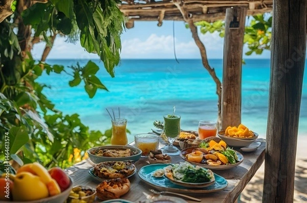 Fototapeta During summer vacations, tables are set with luxurious food and juices in a beautiful setting by the sea. The idea is to spend the vacation in a beautiful setting and represent a romantic atmosphere.