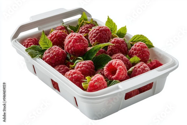 Fototapeta Packaged fresh raspberries in clamshell container vibrant fruit display grocery store natural environment close-up viewpoint healthy snack concept