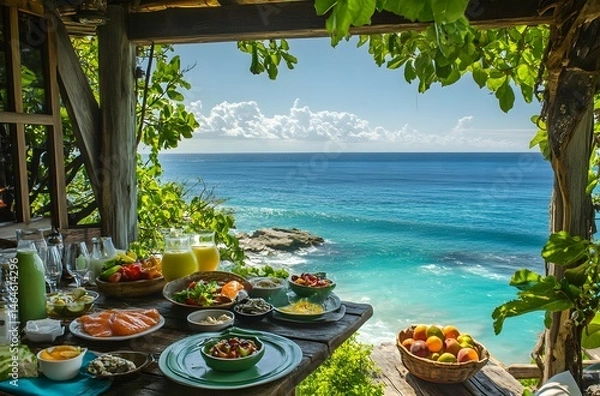 Fototapeta During summer vacations, tables are set with luxurious food and juices in a beautiful setting by the sea. The idea is to spend the vacation in a beautiful setting and represent a romantic atmosphere.