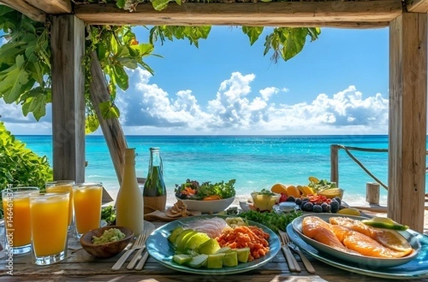 Fototapeta During summer vacations, tables are set with luxurious food and juices in a beautiful setting by the sea. The idea is to spend the vacation in a beautiful setting and represent a romantic atmosphere.