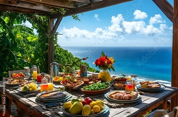 Fototapeta During summer vacations, tables are set with luxurious food and juices in a beautiful setting by the sea. The idea is to spend the vacation in a beautiful setting and represent a romantic atmosphere.
