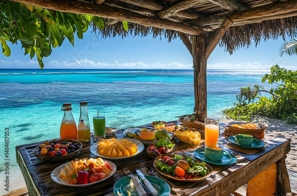 Fototapeta During summer vacations, tables are set with luxurious food and juices in a beautiful setting by the sea. The idea is to spend the vacation in a beautiful setting and represent a romantic atmosphere.