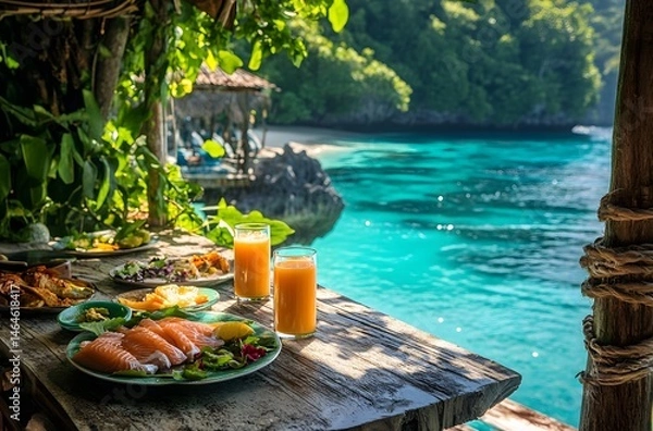 Fototapeta During summer vacations, tables are set with luxurious food and juices in a beautiful setting by the sea. The idea is to spend the vacation in a beautiful setting and represent a romantic atmosphere.