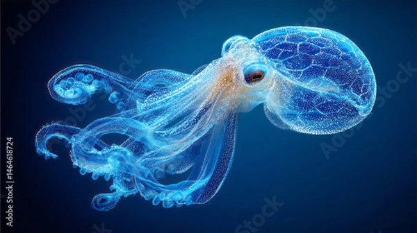 Obraz Ethereal glass-like octopus illuminated with bioluminescent light, floating gracefully in the deep ocean against a dark blue background, symbolizing marine mystery, AI generative