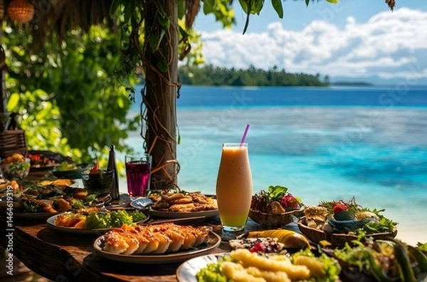 Fototapeta During summer vacations, tables are set with luxurious food and juices in a beautiful setting by the sea. The idea is to spend the vacation in a beautiful setting and represent a romantic atmosphere.