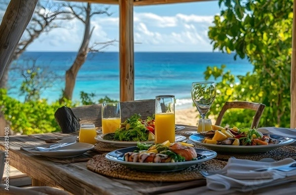 Fototapeta During summer vacations, tables are set with luxurious food and juices in a beautiful setting by the sea. The idea is to spend the vacation in a beautiful setting and represent a romantic atmosphere.