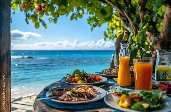 Fototapeta During summer vacations, tables are set with luxurious food and juices in a beautiful setting by the sea. The idea is to spend the vacation in a beautiful setting and represent a romantic atmosphere.