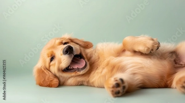 Fototapeta An adorable golden retriever puppy playfully posing on a soft green background, showcasing cuteness and warmth that resonates with pet lovers and animal enthusiasts.