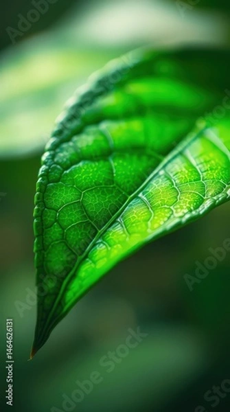 Obraz Close-up view of a vibrant green leaf showcasing intricate details and textures in natural light during a serene afternoon