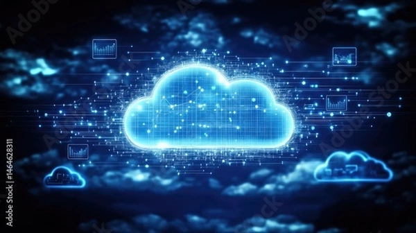 Obraz Abstract blue interface showing cloud data sync, analytics charts, and AI indicators
