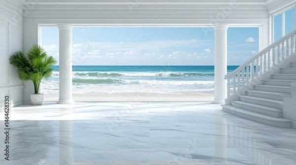 Obraz Spacious white interior with ocean vista.