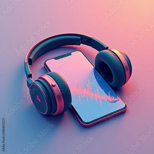 Fototapeta A smartphone with a waveform display is paired with wireless headphones on a pastel gradient surface, representing music and audio technology.